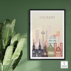 Cologne Skyline Print wall art showcasing iconic buildings in pastel tones, perfect for stylish home decor.