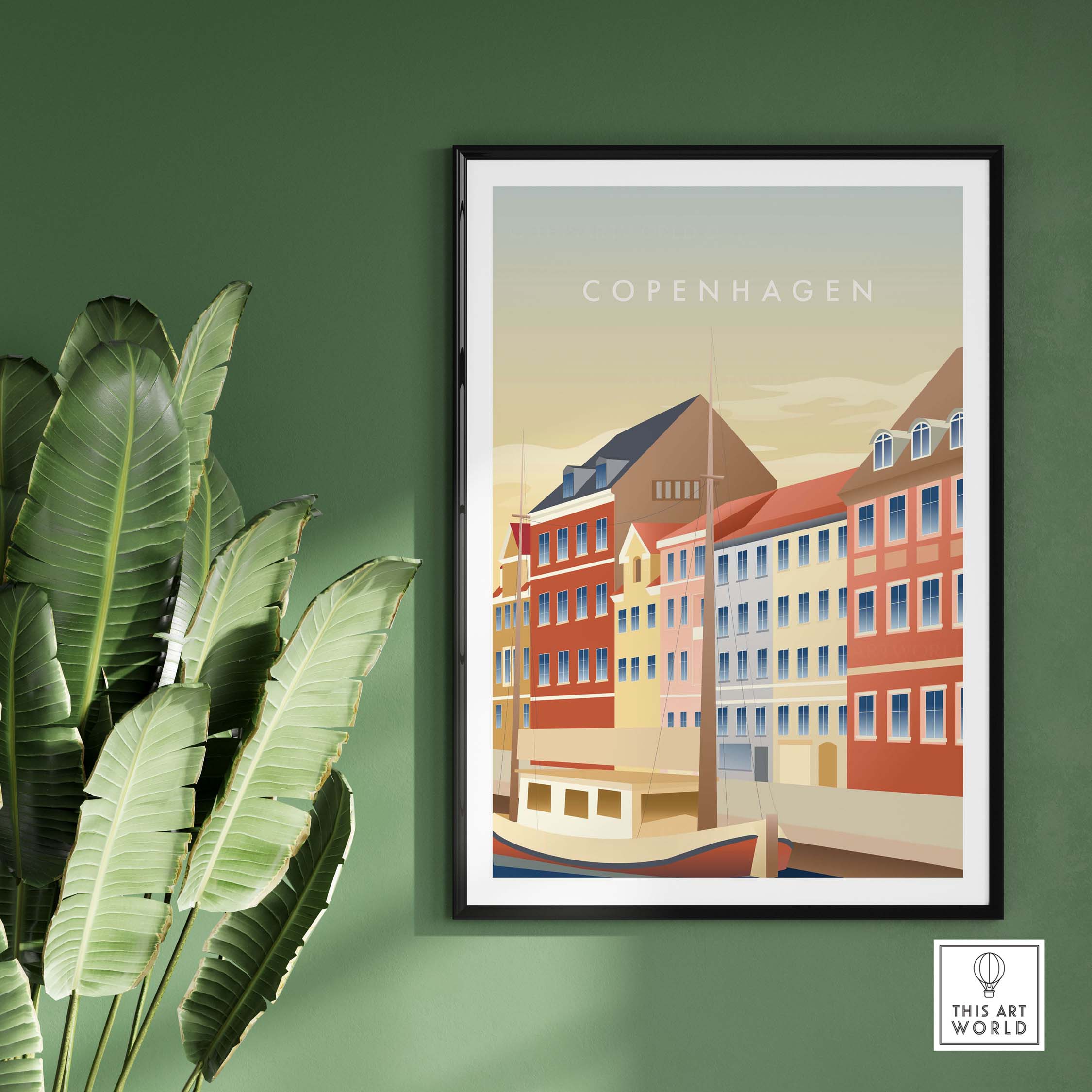 Framed Copenhagen Wall Art Poster featuring colorful buildings and a serene canal, perfect for adding vintage style to any space.