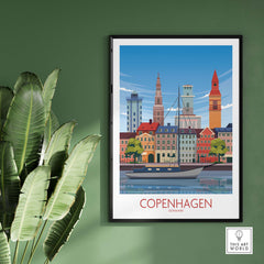 Copenhagen Wall Art Print showcasing vibrant city landscape and iconic buildings with a minimalist design on a green wall.