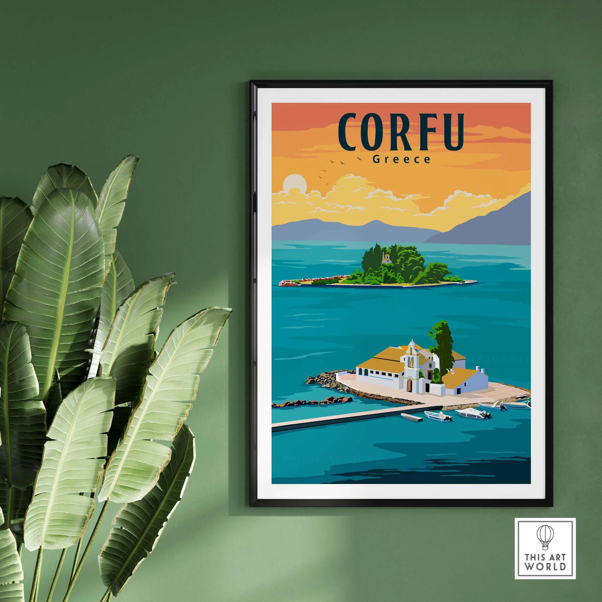 Corfu Print Greece Poster showcasing vibrant scenery of Corfu with lush landscapes and tranquil waters.
