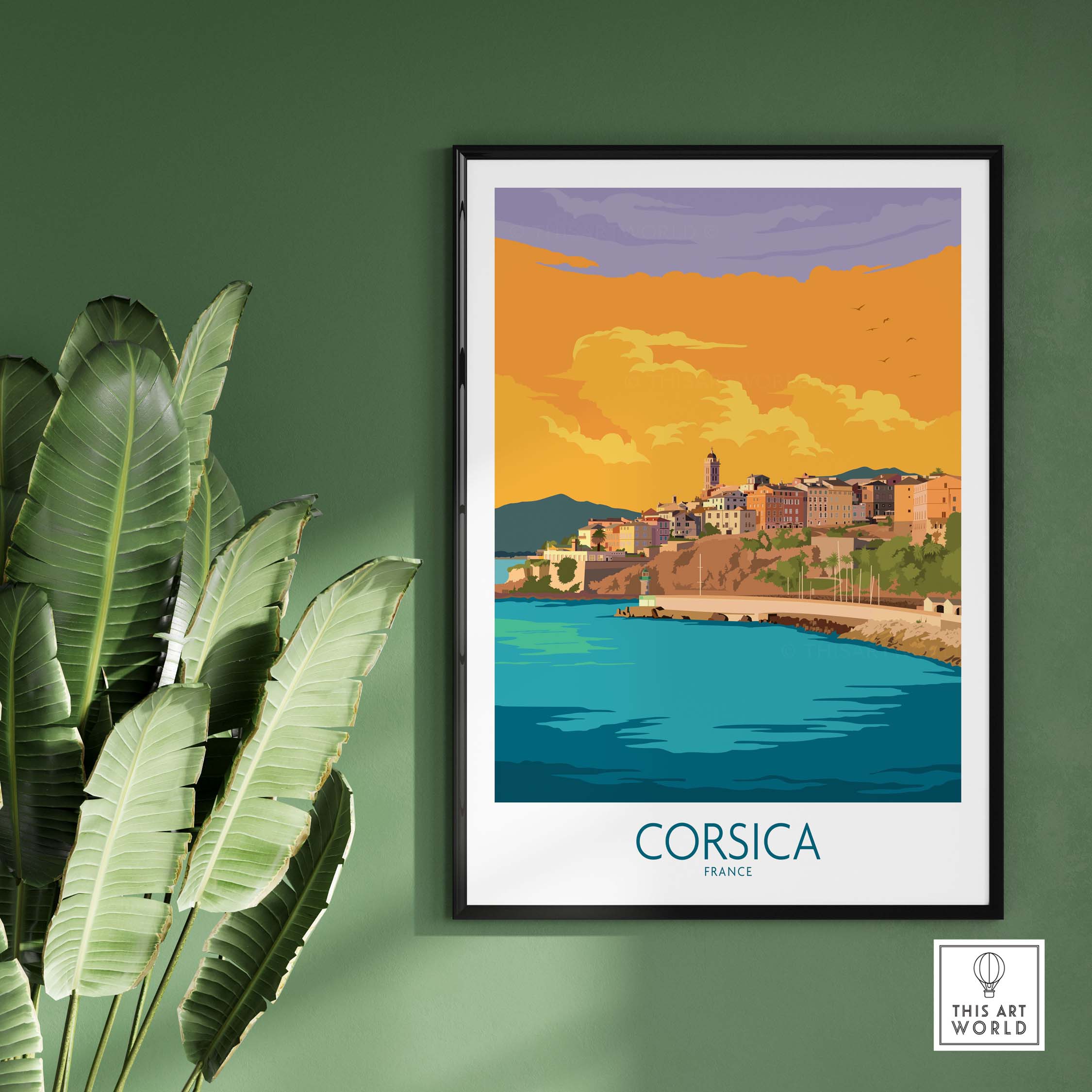 Corsica Poster France showcasing vibrant coastal scenery with a vintage travel art style on a green wall.