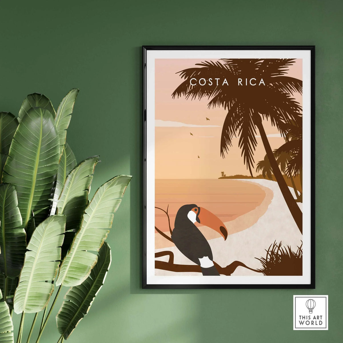 Costa Rica Print Wall Art Poster featuring a toucan and tropical beach scene, perfect for home or office decor.