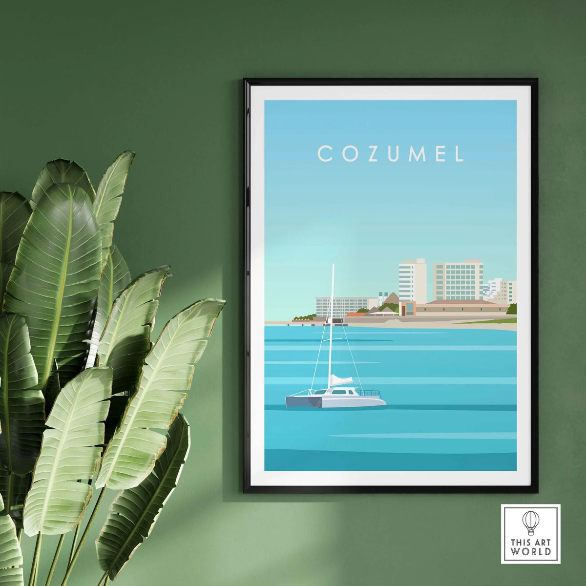 Framed Cozumel Art Print featuring a serene seascape and sailboat, perfect for home or office decor.