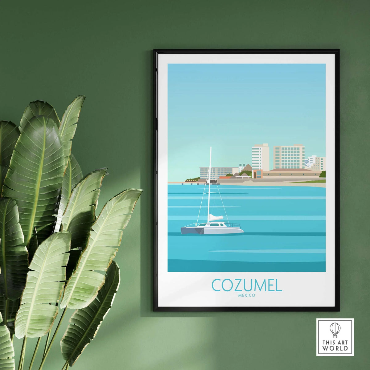 Cozumel Mexico vintage travel poster featuring a sailboat and coastal scenery on a green wall.
