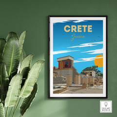 Crete travel poster print featuring Greek ruins and a vibrant blue sky, framed and styled for wall art.