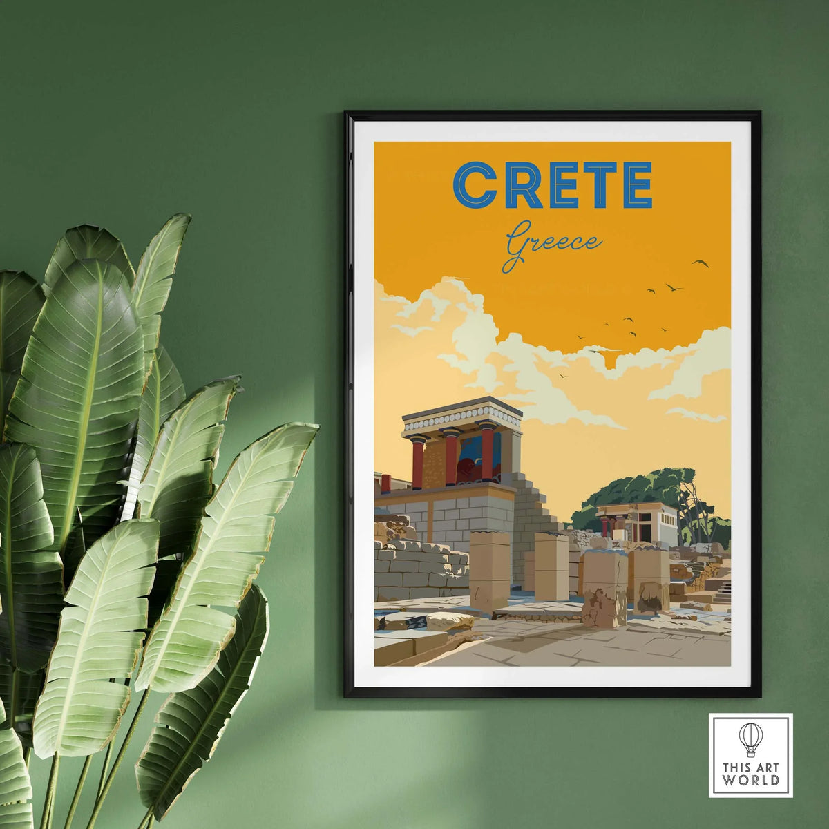 Crete Print Greece vintage travel poster with ancient architecture and warm colors, perfect for stylish wall art.