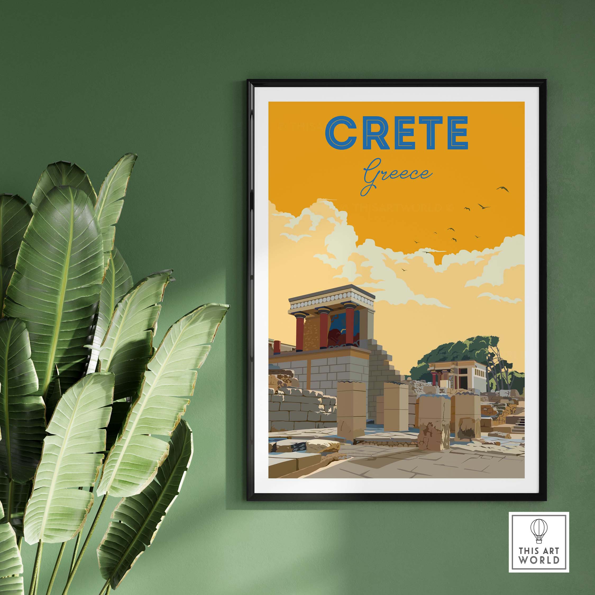 Crete Print Greece vintage travel poster with ancient architecture and warm colors, perfect for stylish wall art.