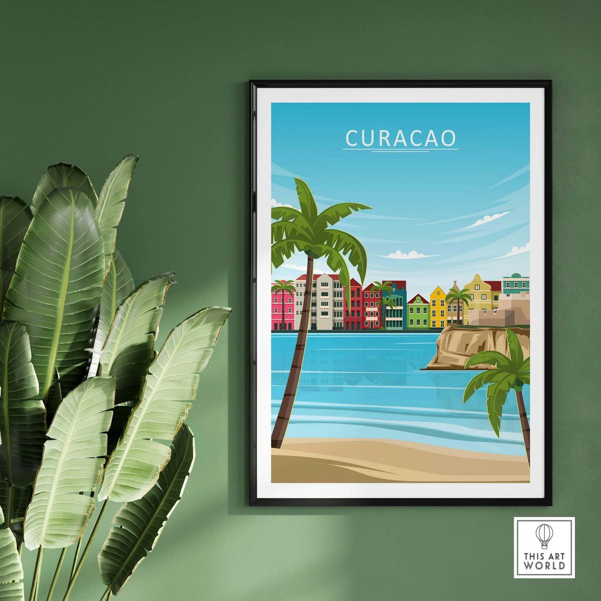 Curacao Poster Print featuring colorful buildings, palm trees, and tropical ocean scenery in a minimalist style.