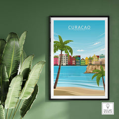 Curacao Poster Print featuring colorful buildings, palm trees, and tropical ocean scenery in a minimalist style.