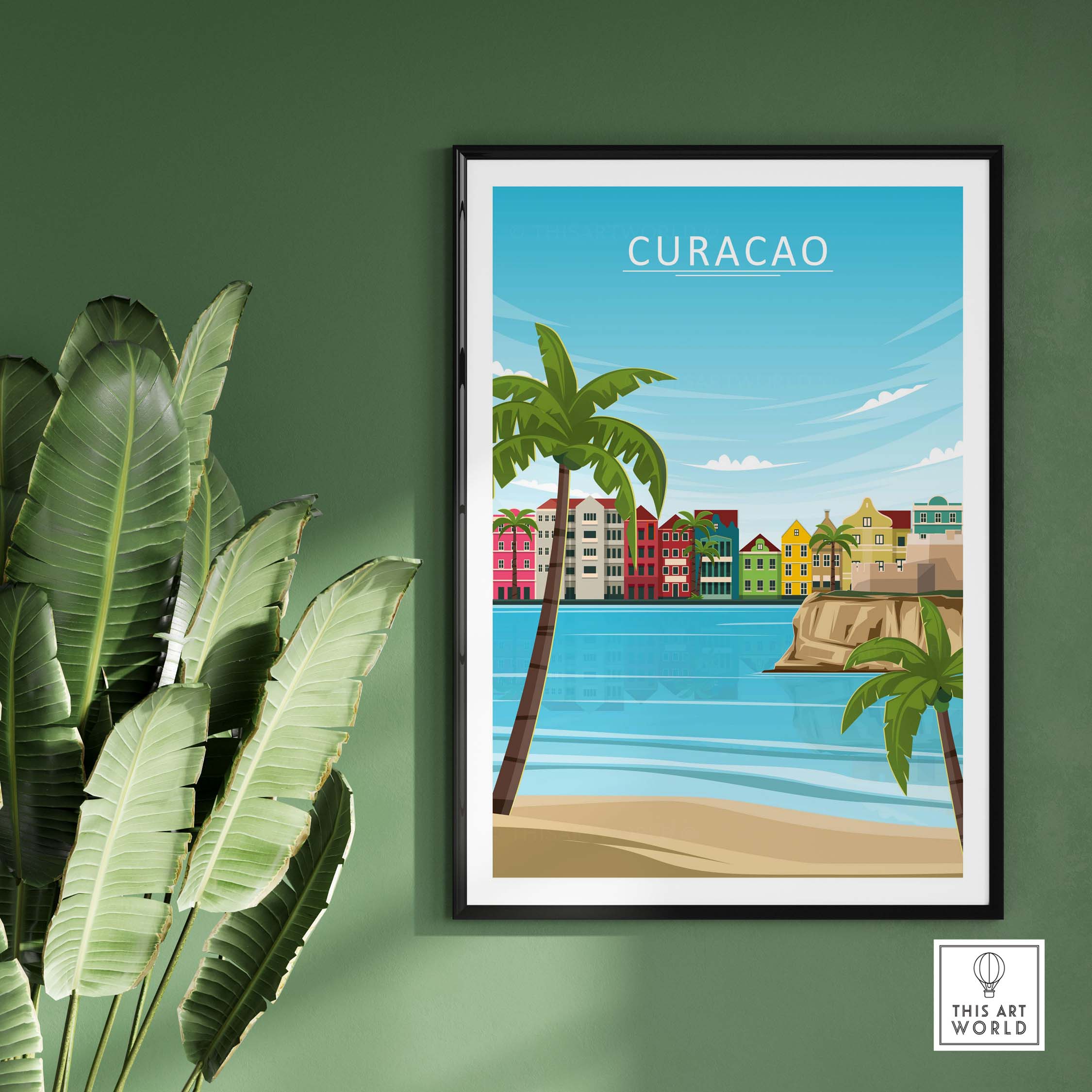 Curacao Poster Print featuring colorful buildings, palm trees, and tropical ocean scenery in a minimalist style.