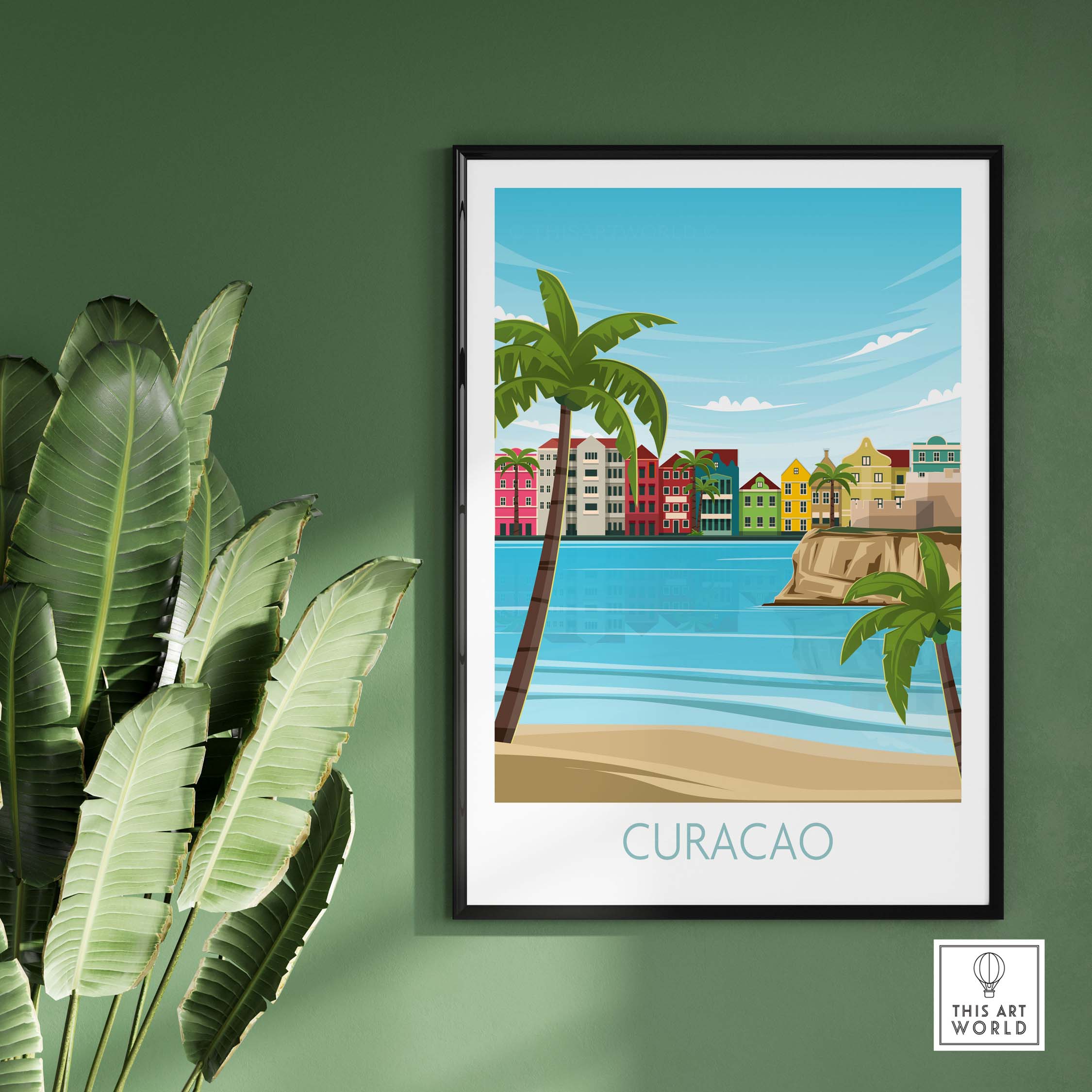 Curacao Wall Art Travel Poster featuring colorful buildings and palm trees against a blue sky and serene water.