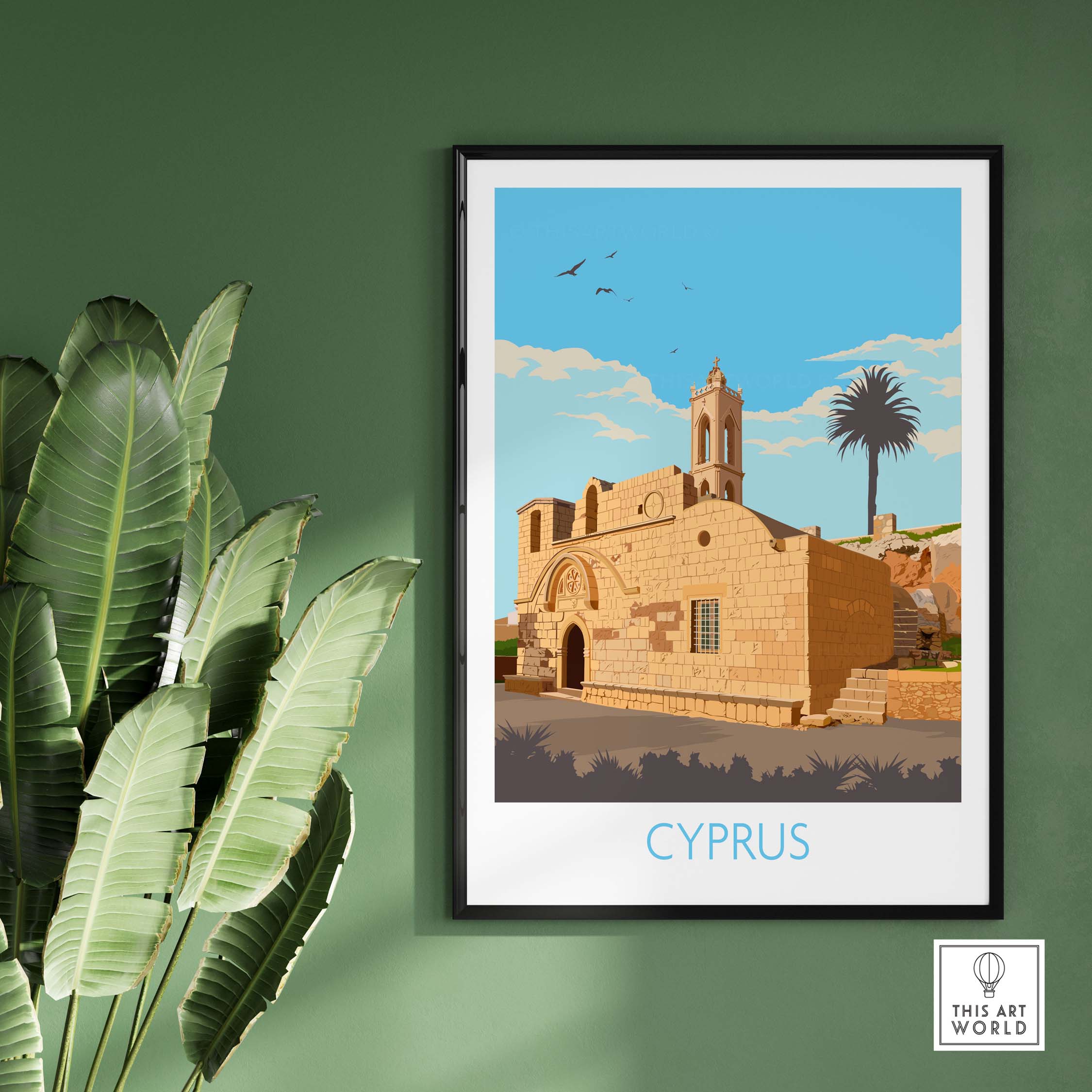 Cyprus Poster Print featuring a vintage style illustration of a landmark, framed on a green wall with plants.