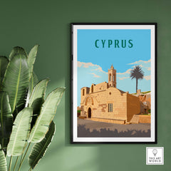 Framed Cyprus Print featuring a vintage-inspired travel poster of Cyprus with minimalist design and palm tree accents.