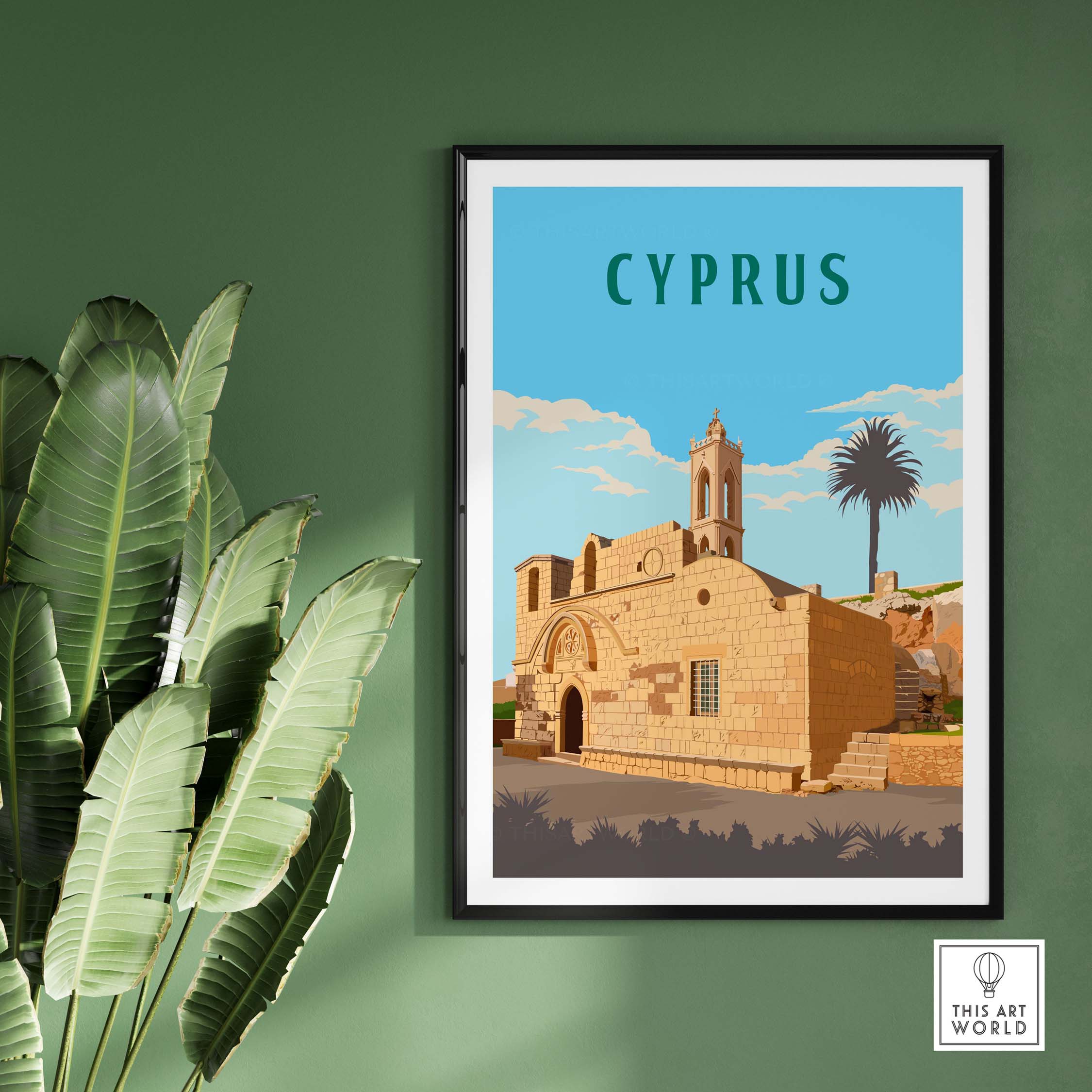 Framed Cyprus Print featuring a vintage-inspired travel poster of Cyprus with minimalist design and palm tree accents.
