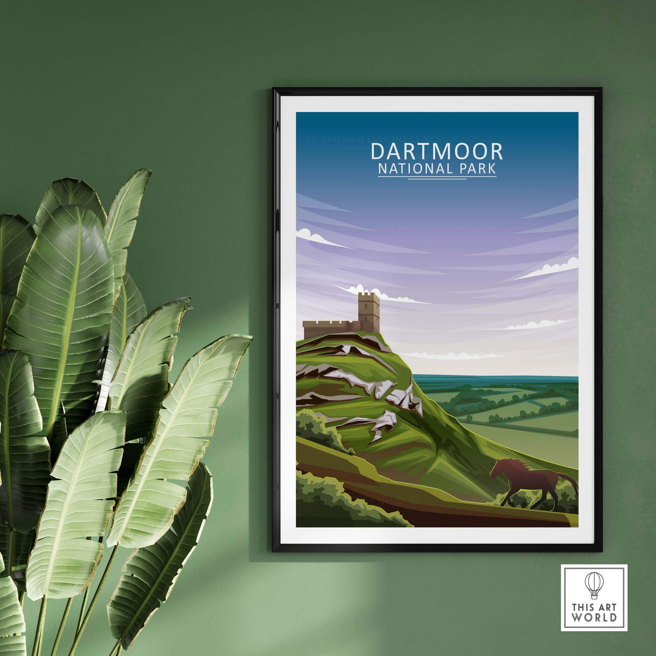 Dartmoor National Park poster featuring minimalist artwork of rolling hills and a castle in a stylish frame.