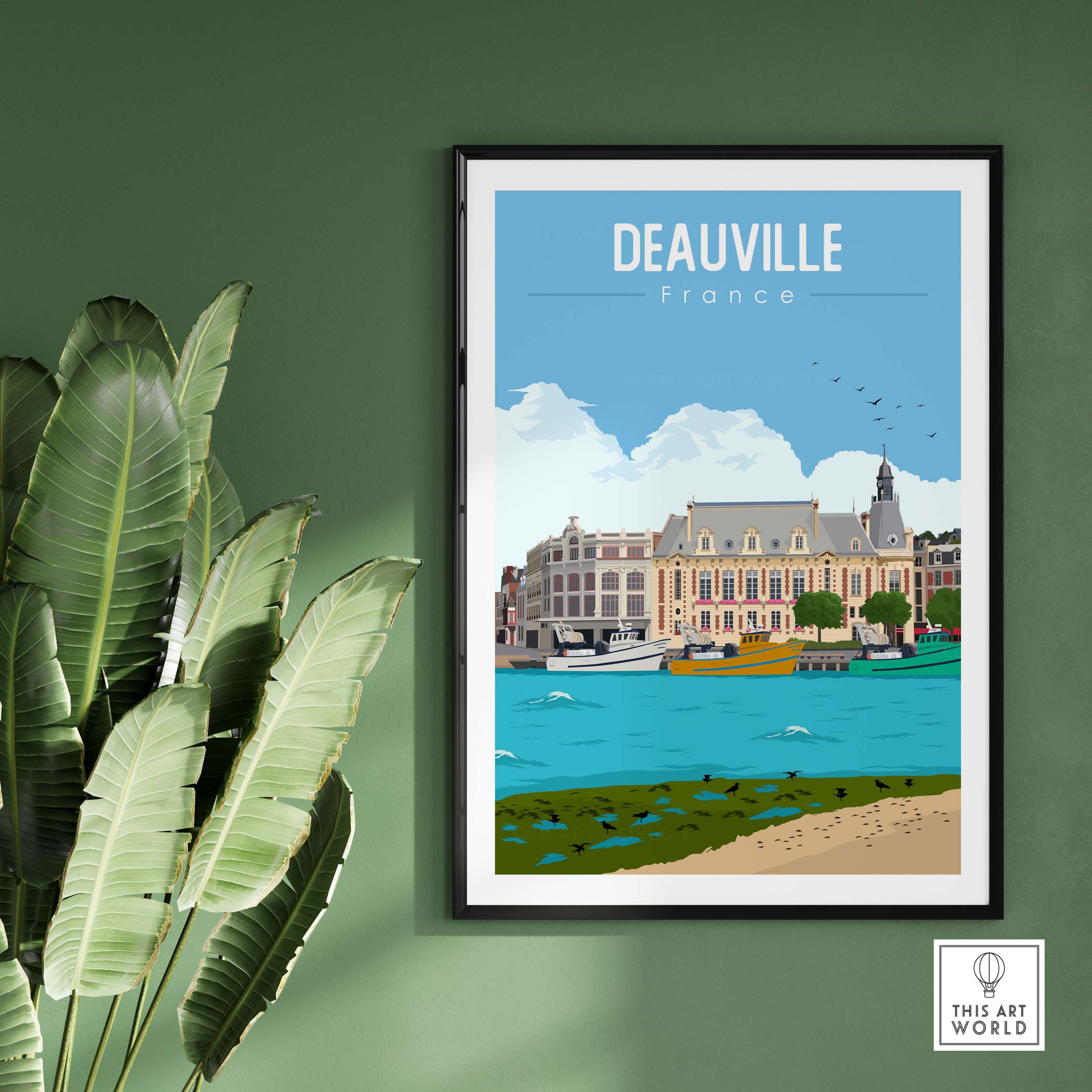 Deauville France poster print art showcasing waterfront and architecture in a minimalist style by This Art World.