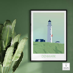 Denmark Poster Print featuring a lighthouse and green landscape, perfect for travel-inspired wall art.