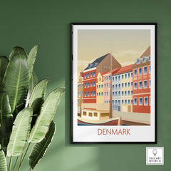 Minimalist Denmark poster art print showcasing colorful buildings in a vintage travel style, perfect for home decor.