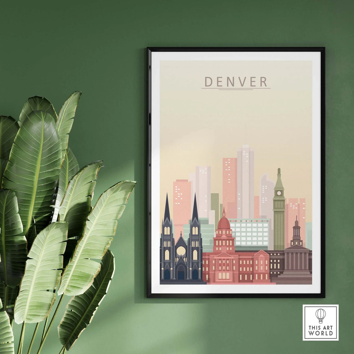 Denver Skyline Print showcasing iconic buildings in warm pastel tones, ideal for stylish wall decor.