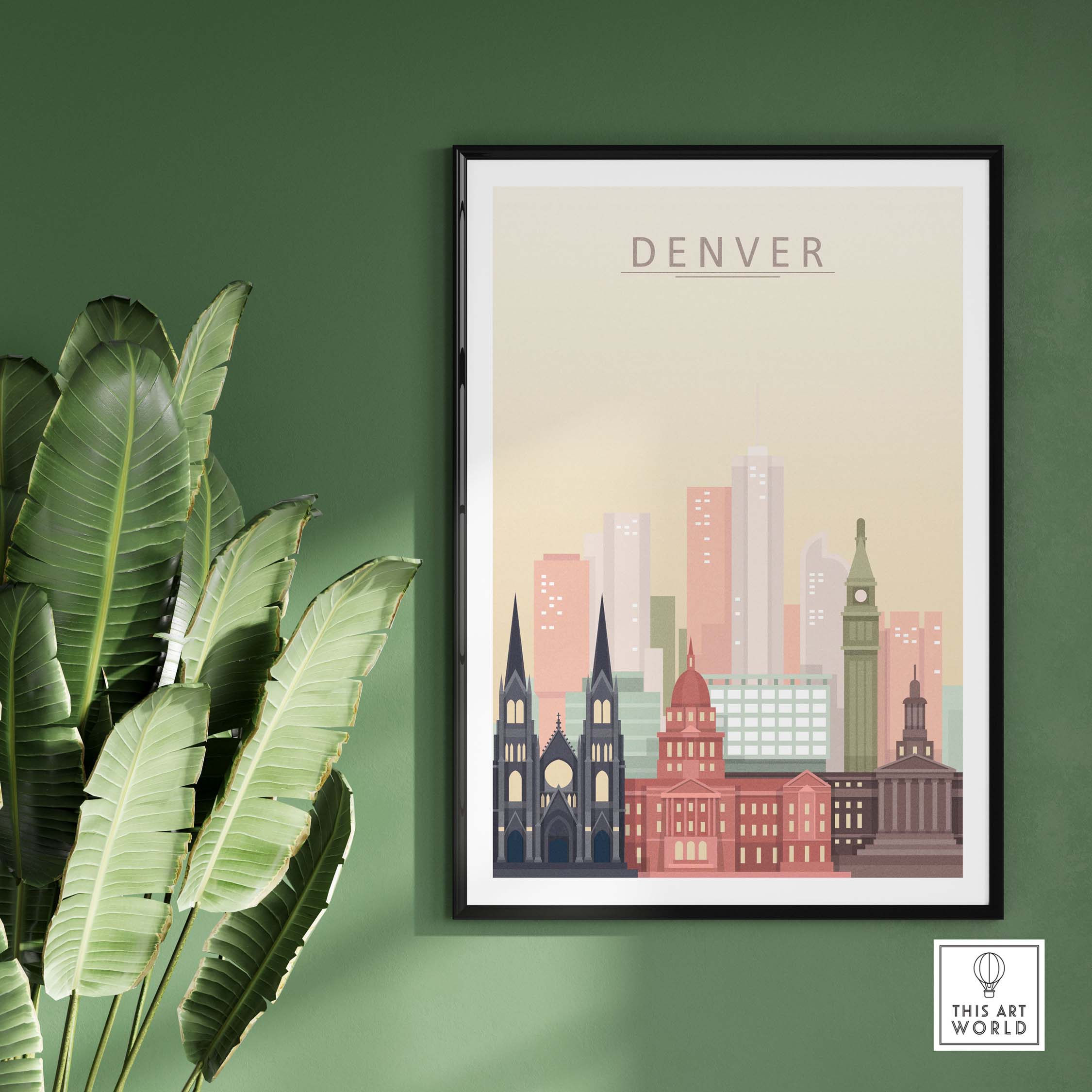 Denver Skyline Print showcasing iconic buildings in warm pastel tones, ideal for stylish wall decor.