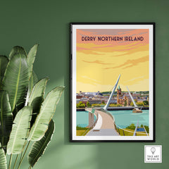Derry Print Poster Wall Art showcasing the Peace Bridge in a vintage style on a green wall.