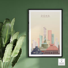 Doha city skyline print wall art featuring iconic buildings in pastel tones, framed against a green wall.