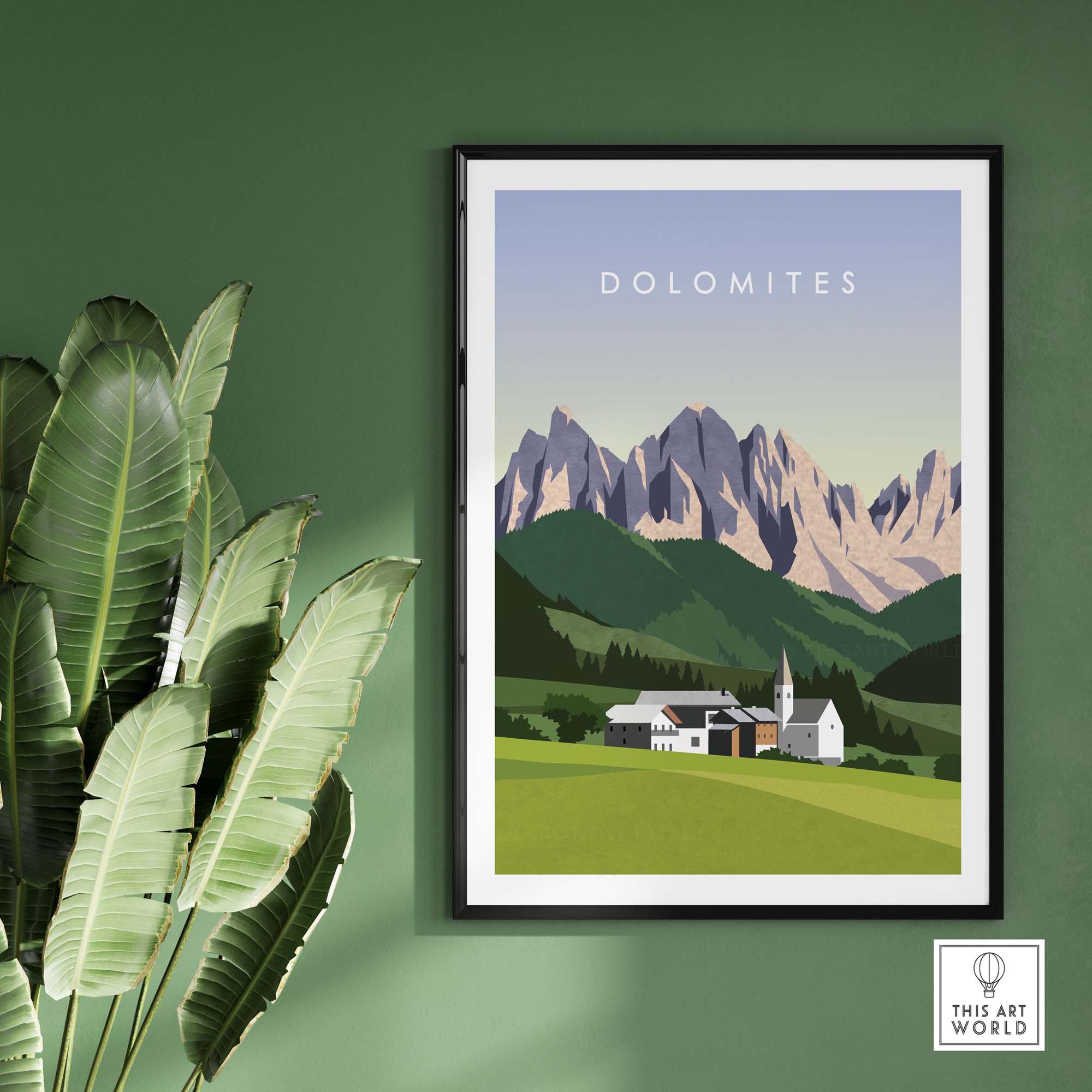 Dolomites Travel Poster Print featuring mountains and greenery in a minimalist style, ideal for home decor.