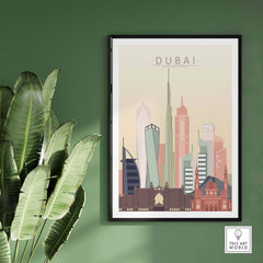 Dubai city skyline wall art print in pastel tones, framed on a green wall, showcasing iconic architecture.