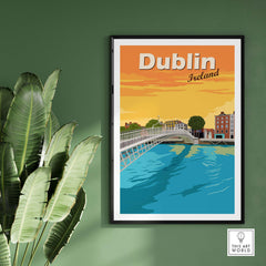 Vintage Dublin print poster wall art showcasing the River Liffey and cityscape against a vibrant sunset backdrop.