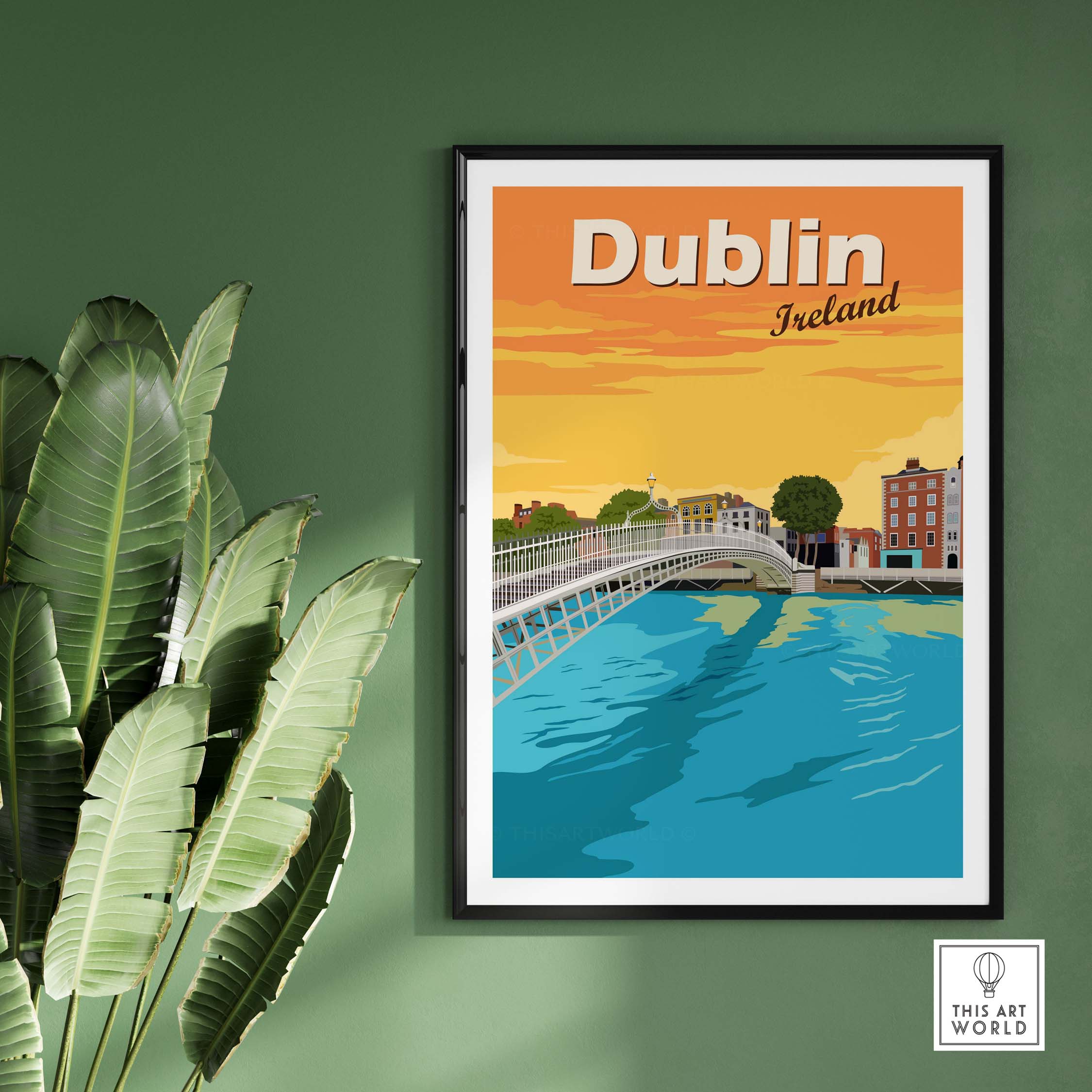Vintage Dublin print poster wall art showcasing the River Liffey and cityscape against a vibrant sunset backdrop.