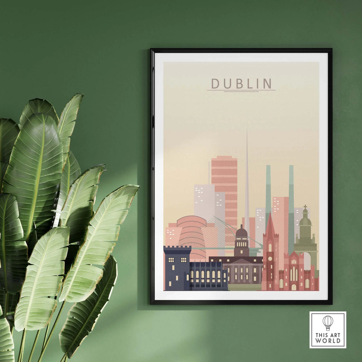 Dublin skyline wall art print featuring iconic buildings in pastel tones, perfect for stylish home or office decor.