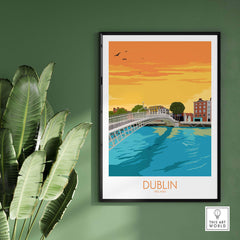 Dublin Print poster featuring Ha'penny Bridge and vibrant sunset, perfect for home or office decor.