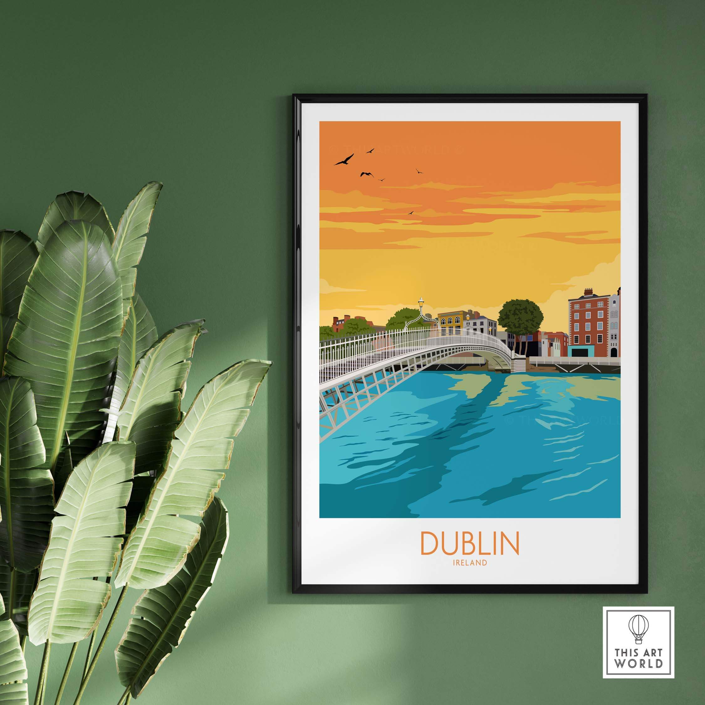 Dublin Print poster featuring Ha'penny Bridge and vibrant sunset, perfect for home or office decor.
