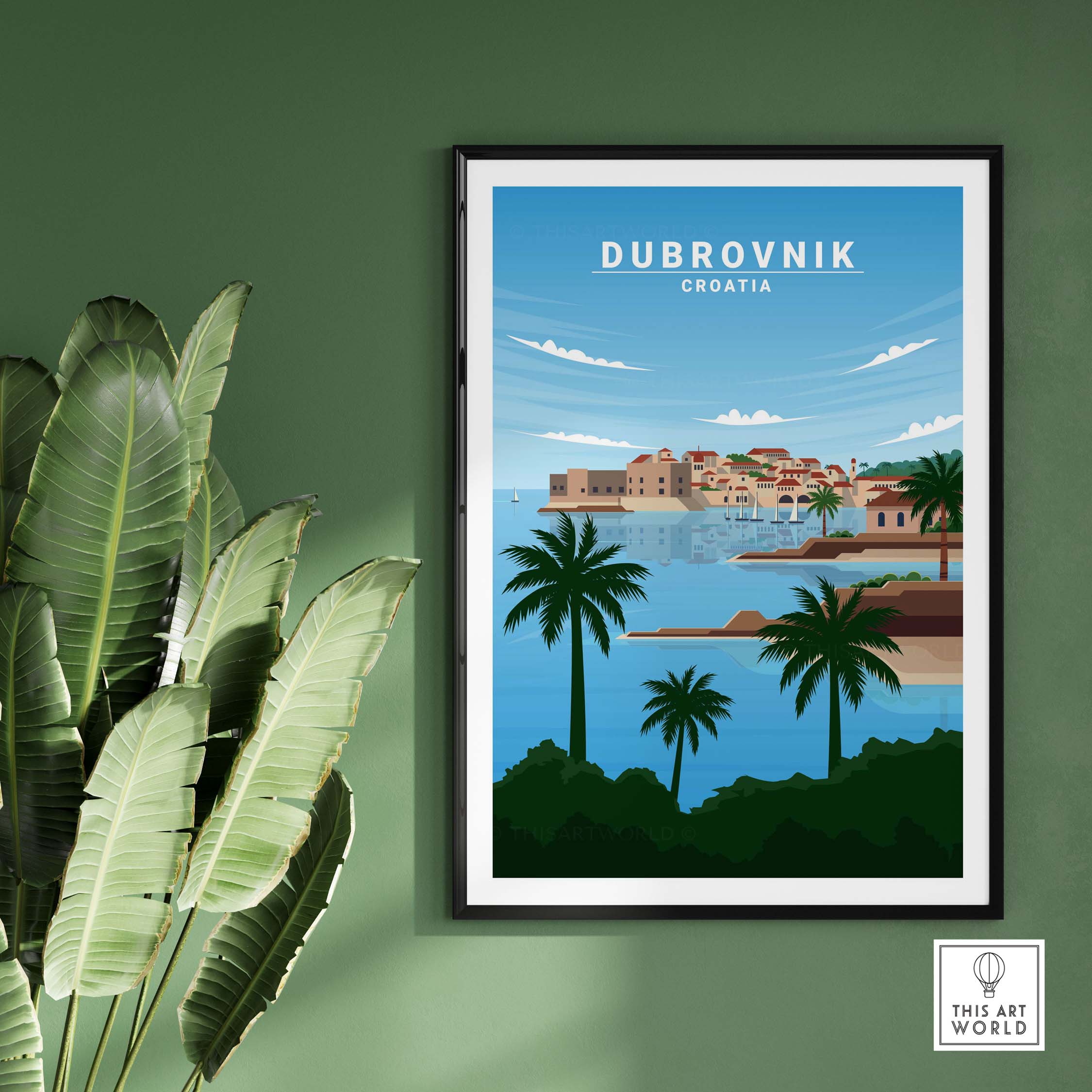 Dubrovnik art print poster featuring a coastal view with palm trees and a vibrant blue sky, ideal for home decor.