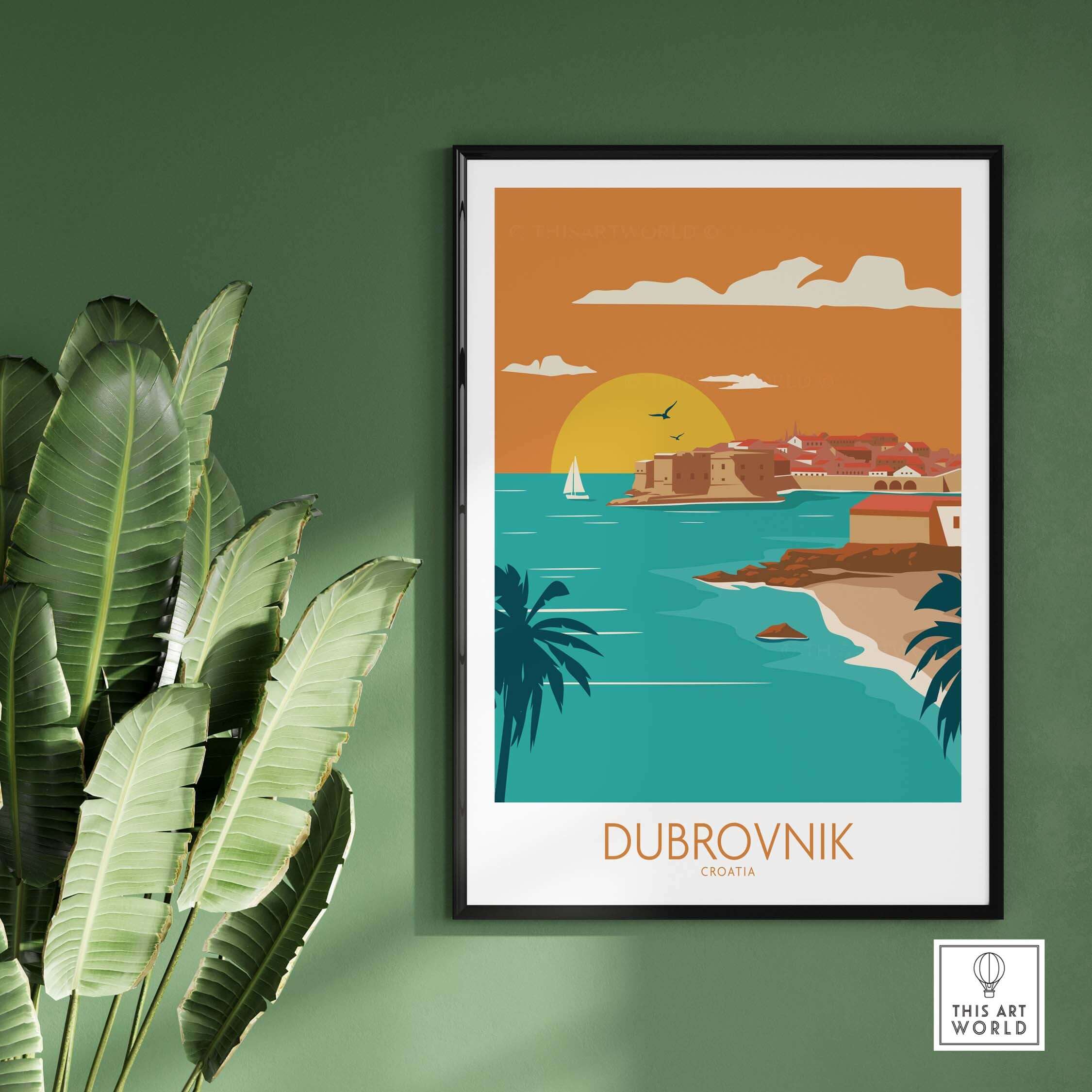 Dubrovnik Poster Art Print featuring a coastal view with palm trees, vibrant sunset, and vintage style, perfect for home decor.