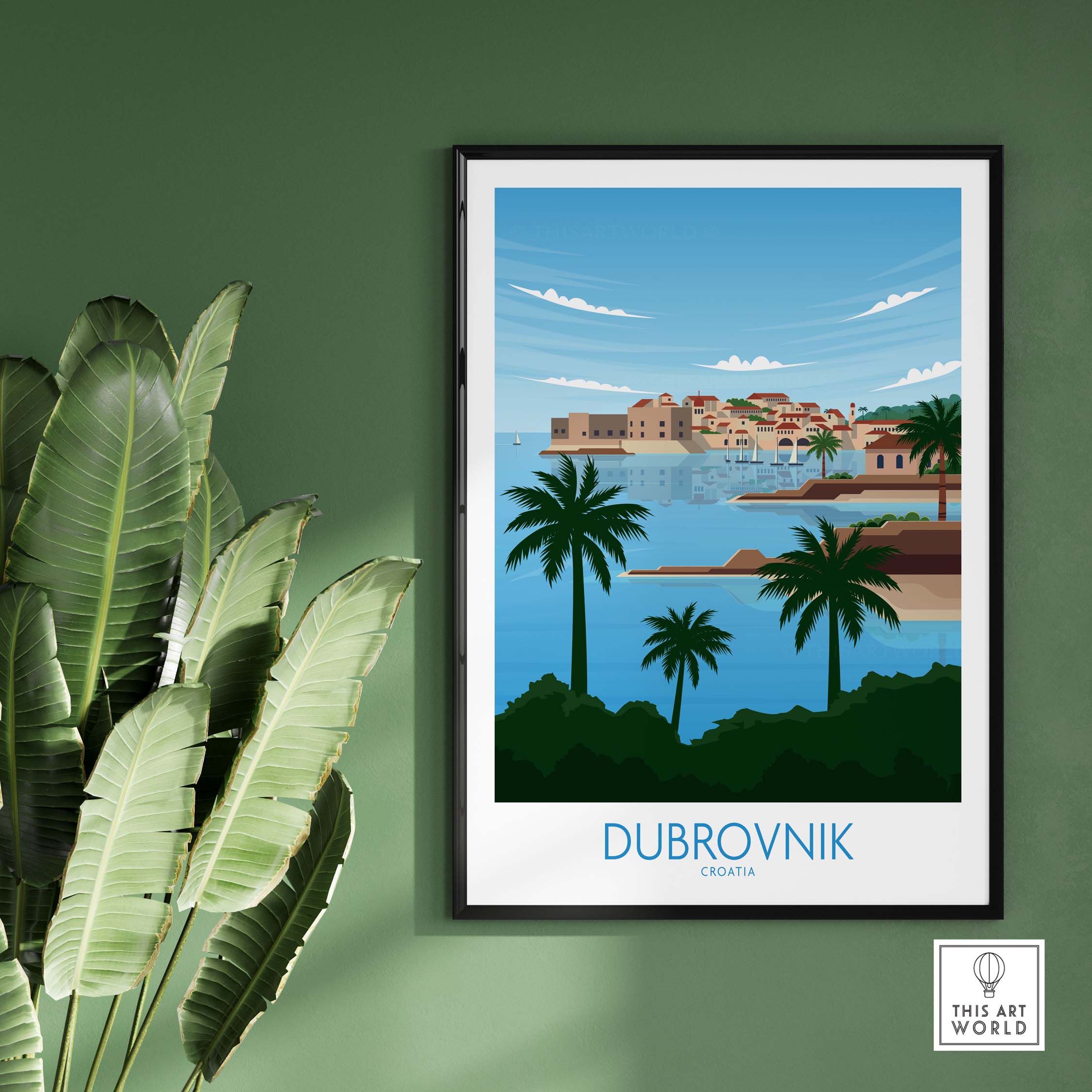 Dubrovnik Poster Art Fine Art Print featuring palm trees and coastal scenery in a modern minimalist style.