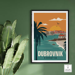 Dubrovnik Poster Wall Art Print featuring vintage-style design with palms and sunset, perfect for travel enthusiasts.