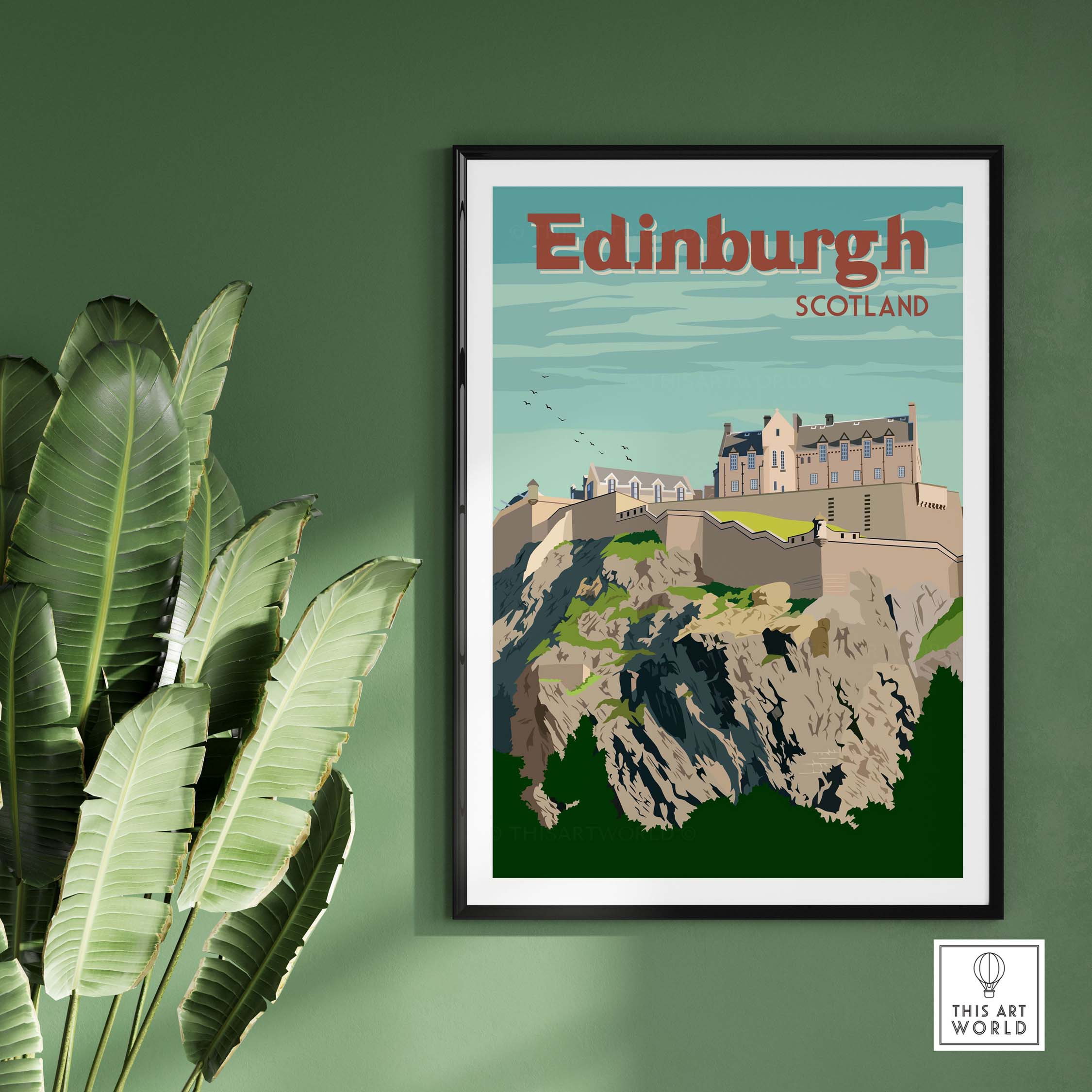 Vintage Edinburgh Print Poster Wall Art featuring Edinburgh Castle on a green wall.