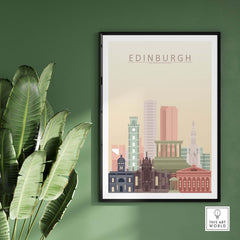 Edinburgh Skyline Print in warm pastel tones framed on wall, featuring iconic landmarks of Scotland's capital.