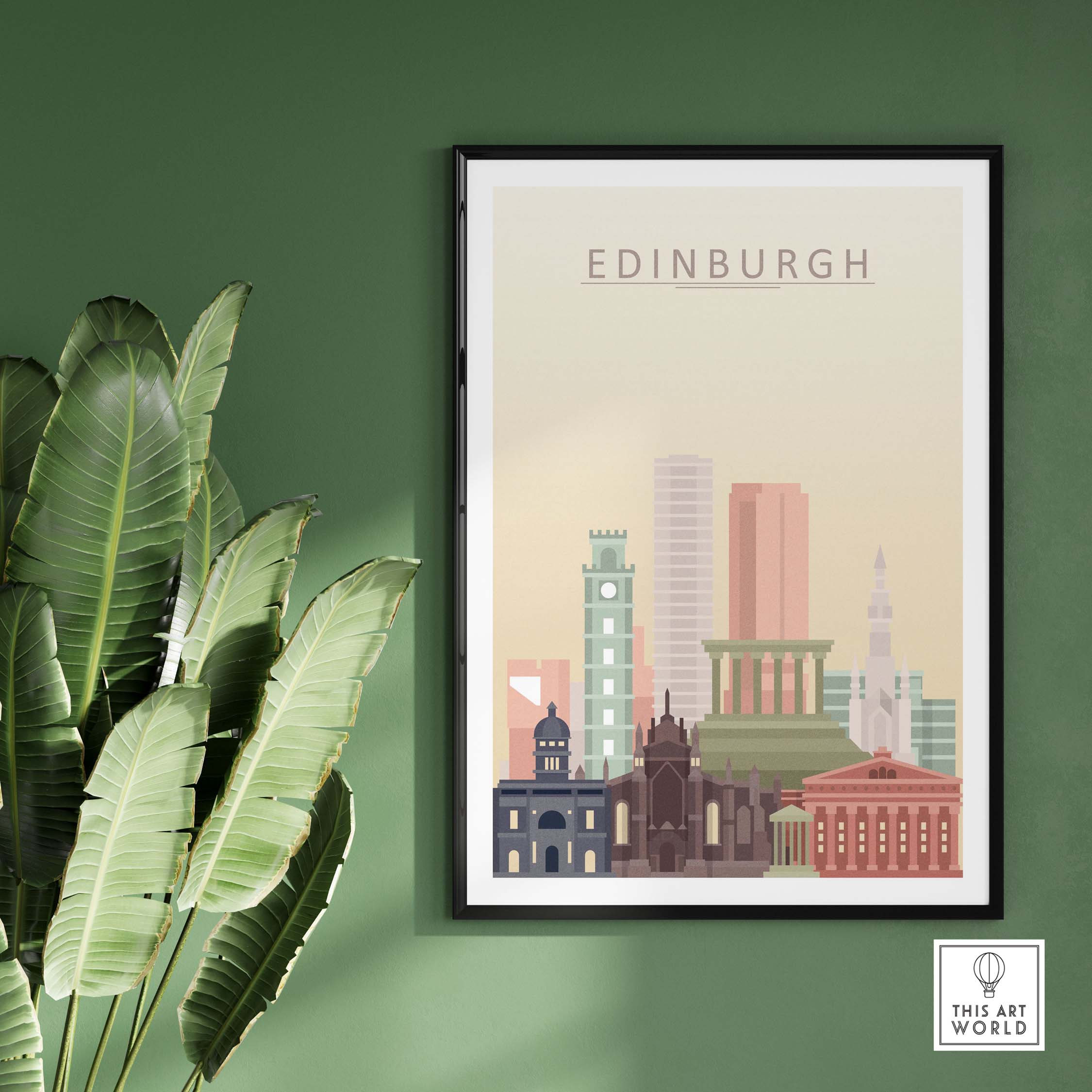 Edinburgh Skyline Print in warm pastel tones framed on wall, featuring iconic landmarks of Scotland's capital.