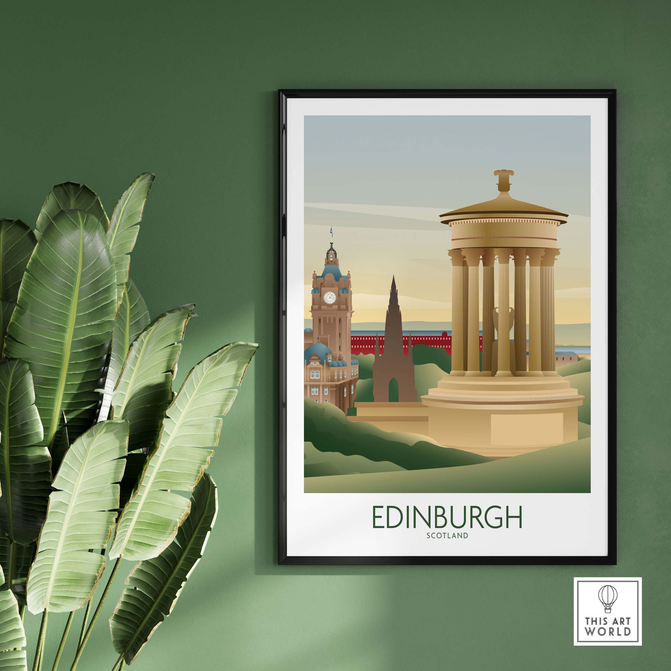 Edinburgh wall art print featuring iconic Scottish landmarks, framed artwork for home or office decor.
