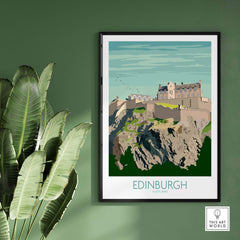 Edinburgh Print Scotland Travel Poster showcasing Edinburgh Castle, perfect for home or office wall art.