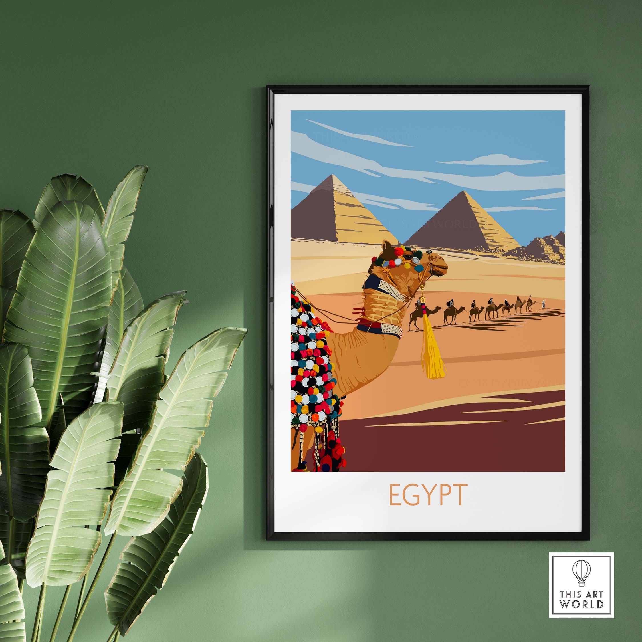 Egypt vintage poster art print featuring a camel and pyramids, perfect for home decor and travel inspiration.