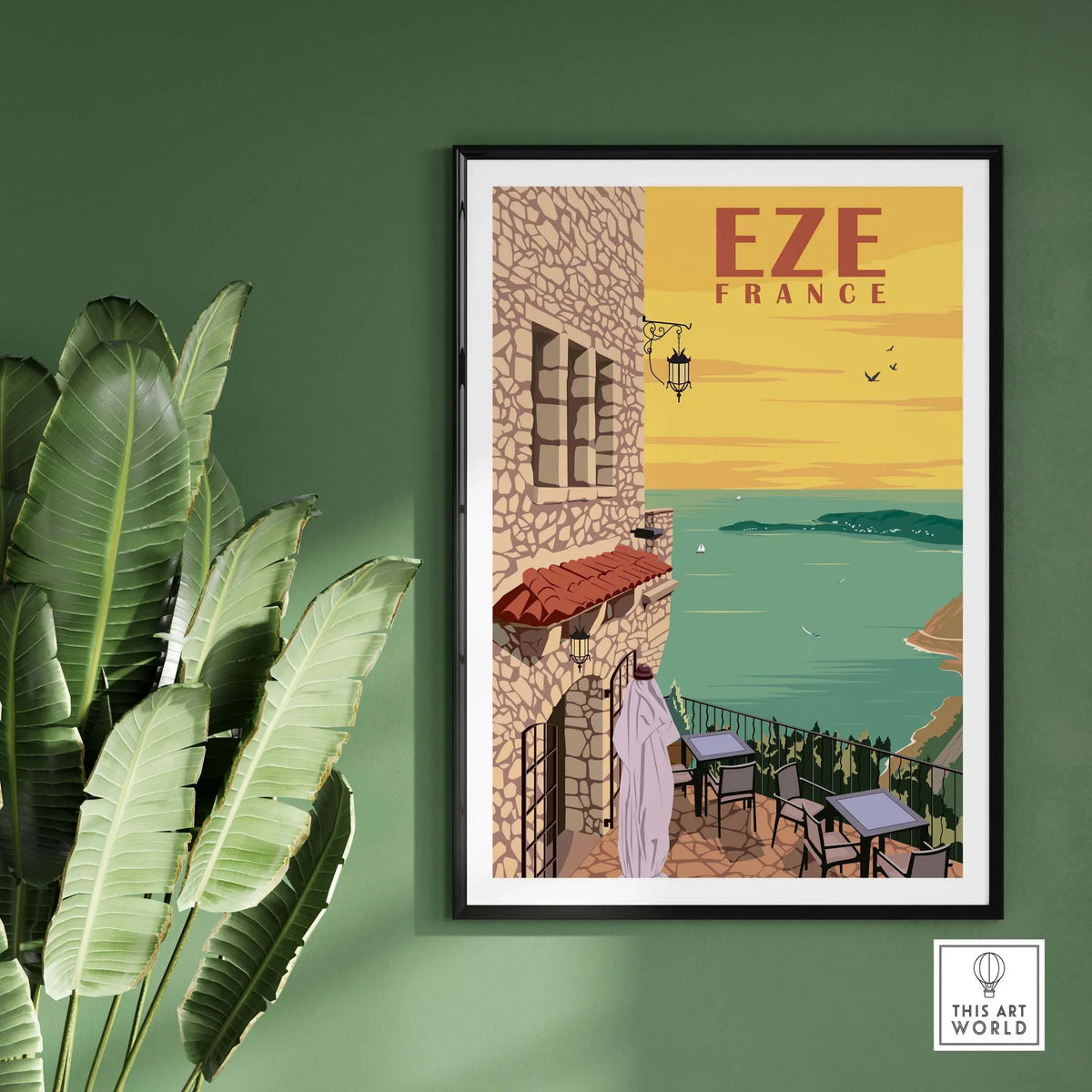 Eze France Poster Print Wall Art showcasing a scenic view of the Cote d'Azur, framed with stylish decor.