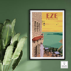 Eze France Poster Print Wall Art showcasing a scenic view of the Cote d'Azur, framed with stylish decor.