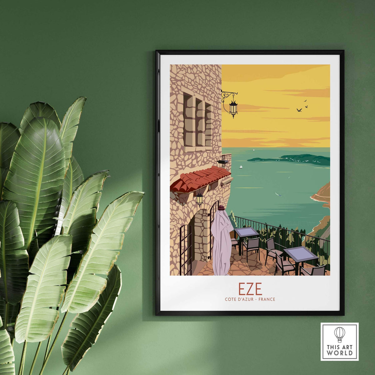 Eze Print France travel poster showcasing Eze Village with scenic views, framed for stylish decor.