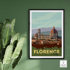 Vintage Florence poster wall art featuring the iconic architecture of Florence, Italy, framed and styled against a green wall.