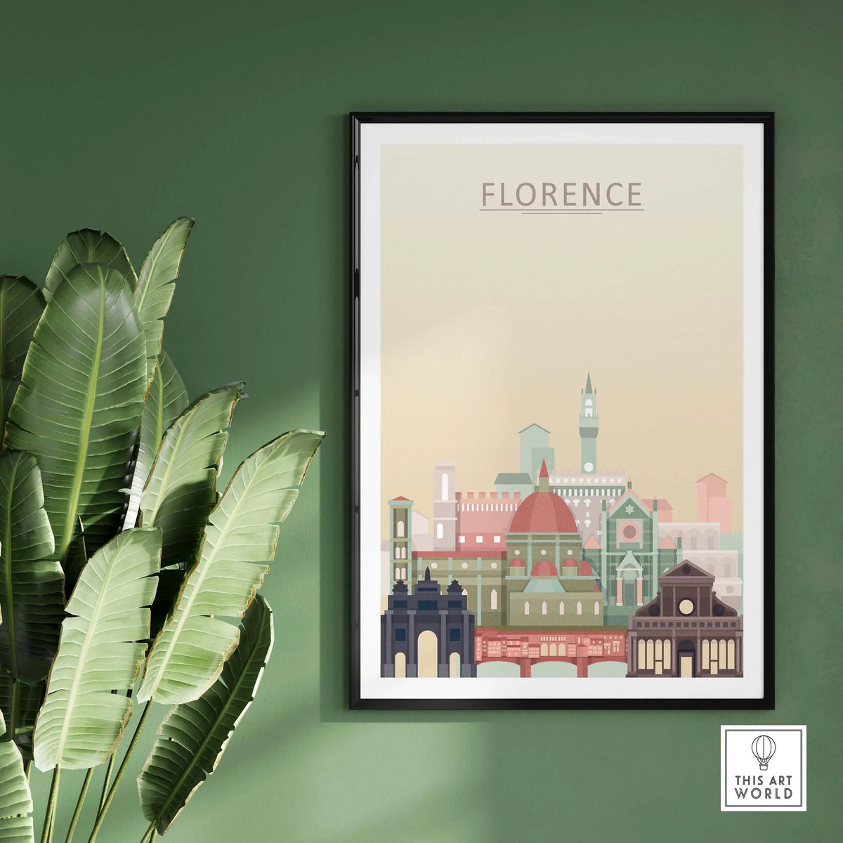 Florence skyline print showcasing iconic architecture in warm pastel tones, framed artwork for home decor.
