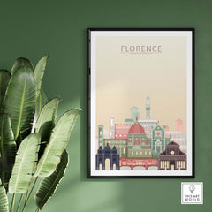 Florence skyline print showcasing iconic architecture in warm pastel tones, framed artwork for home decor.