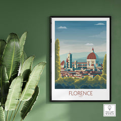 Florence Poster Italy Art Print featuring the city skyline with domed buildings and greenery, perfect for travel lovers.